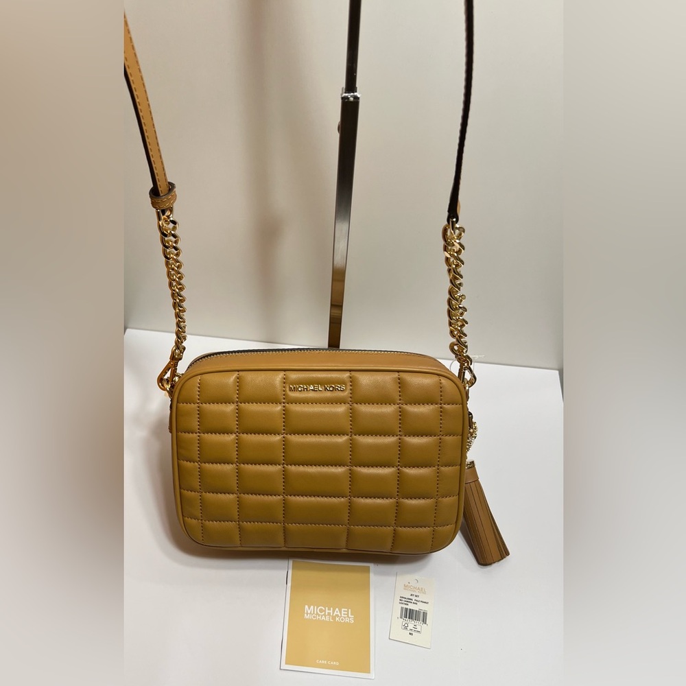 Michael Kors Tan Leather Quilted Jet Set Medium Crossbody Bag